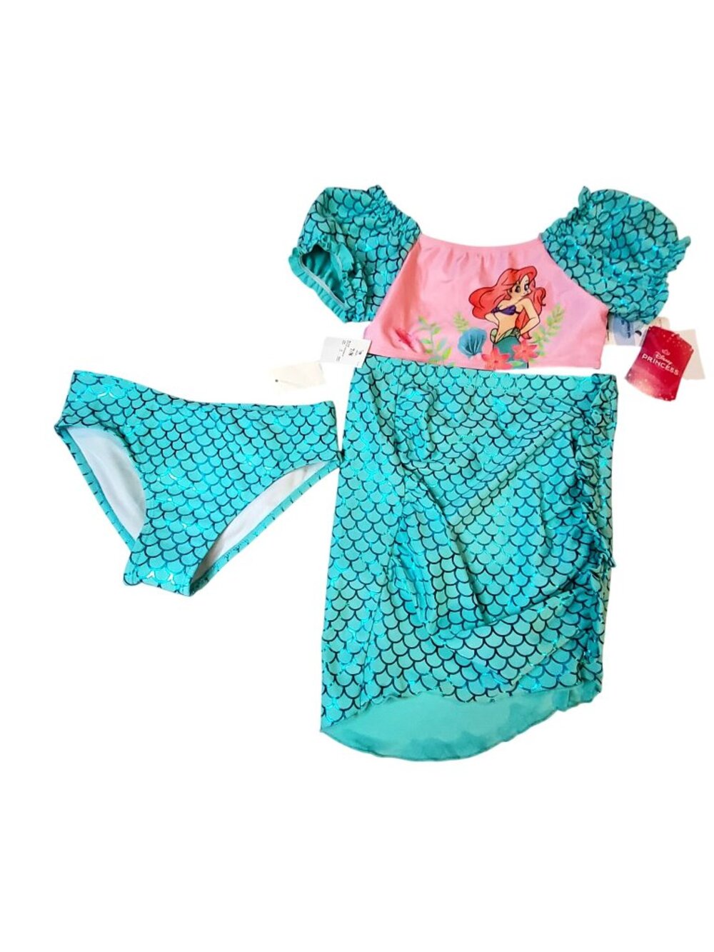 Disney Princess Girls 3-Piece Mermaid Swimsuit Set With Skirt Pink & Aqua Sz 7/8